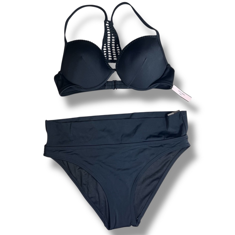 Victoria's Secret Swim Black Crochet Racerback PushUp Bikini Top 36D Set L New
